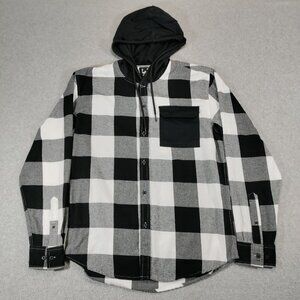 WXYZ MFG Co Hooded Flannel Shirt Men Large Black White Plaid
